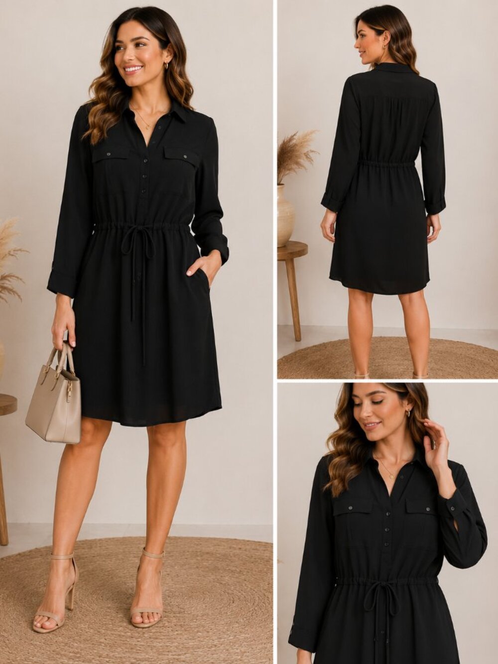 Ann Taylor LOFT Women's Black Shirt Drawstring Waist Dress - Size 0